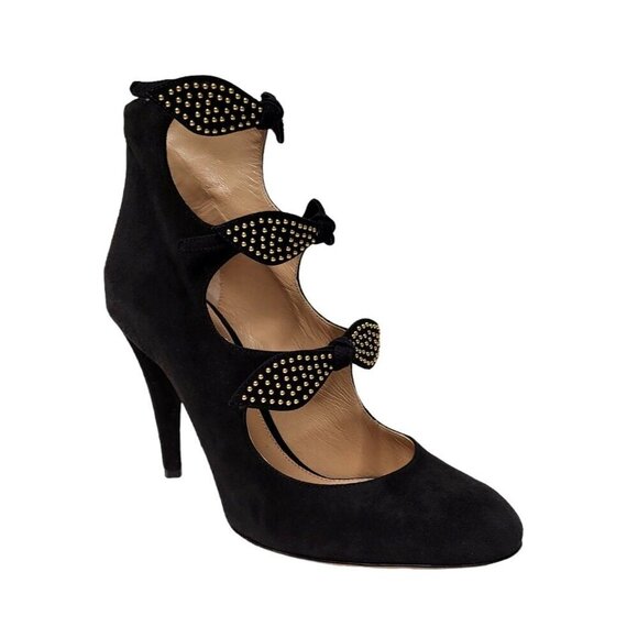 Chloé Mike Black Suede Studded Bow Cut-Out Heel Bootie - Picture 15 of 16